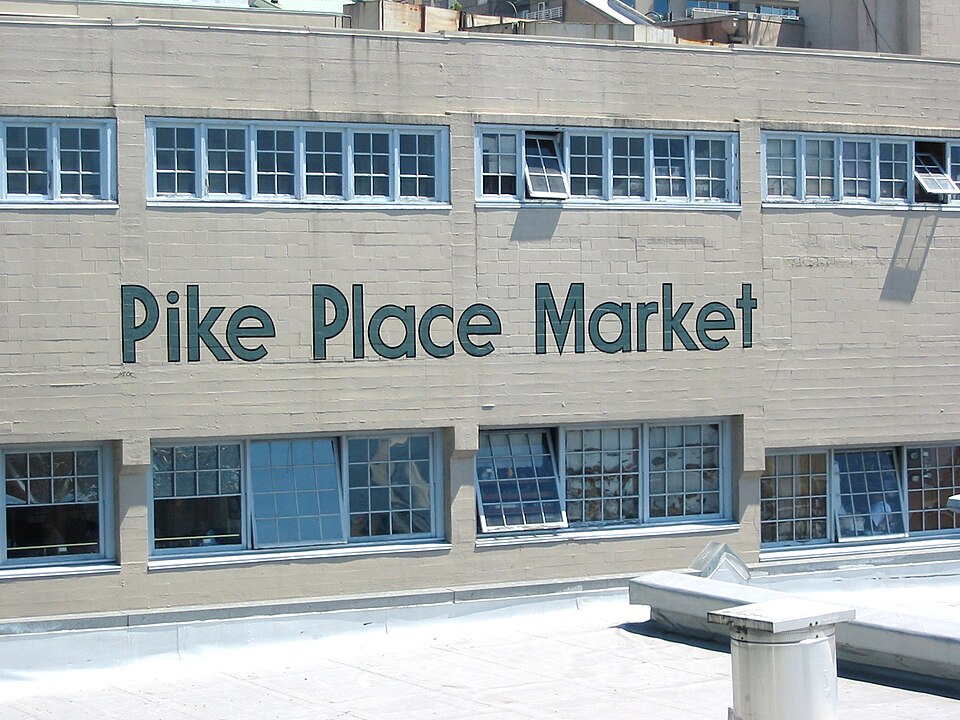 Pike Place Market interior on a rainy Seattle day